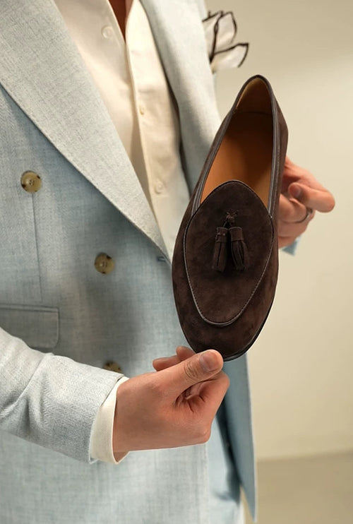 Handcrafted Dark Brown Suede Tassel Loafers