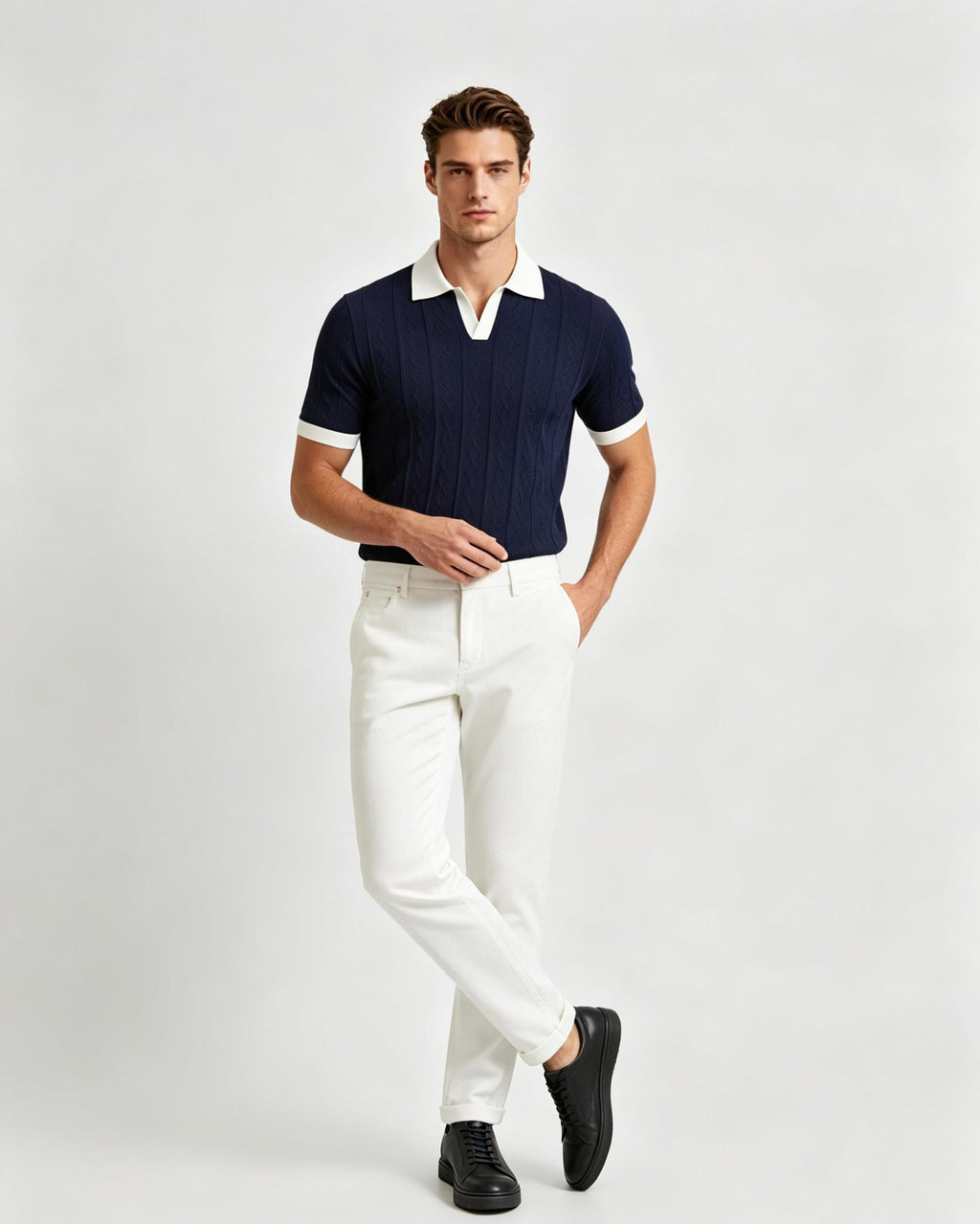 Ribbed Knit Polo Shirt